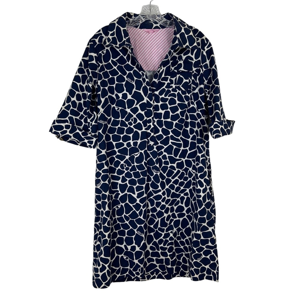 Lilly Pulitzer Dade Shirt Dress 12 Blue White Animal Print Short Sleeve Flaw